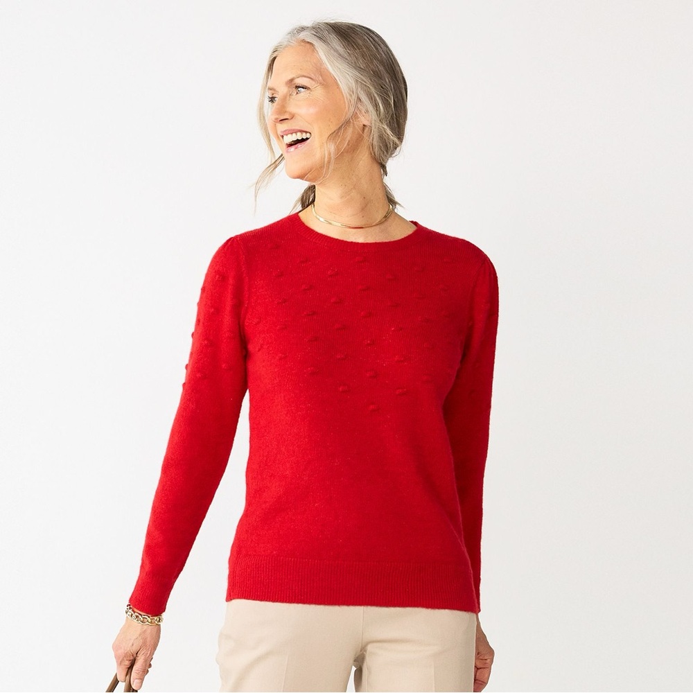 Women's Croft & Barrow® Puff-Sleeve Bobble Vibrant Red Crew Neck Sweater XXL